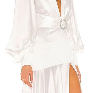 Abito da Sera con Maniche a Sbuffo per Donna, Scollo a V, Spacco Alto, Sexy Abito da Sposa Bianco, Maniche Lunghe, Vestito Lungo in Raso - Product Image 5