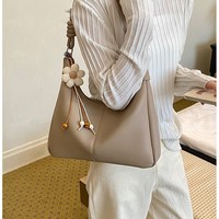 Tas Selempang Segitiga PU Motif Kulit Leci Cokelat Tua untuk Wanita, Tas Jinjing Kasual dengan Hiasan Manik Bunga untuk Belanja Akhir Pekan dan Sehari-hari
