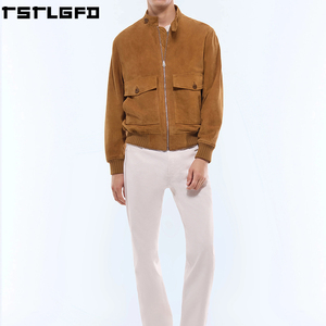 Custom <b>Suede</b> Patch Pocket <b>Jacket</b> Men Cognac Brown Stand Collar Windbreaker Streetwear Outerwear Manufacturers Bulk - Product Image 1
