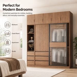 Armoire à portes coulissantes en bois naturel fini, style nordique, pour chambre à coucher, petit appartement, combinaison de placards coulissants en verre - Product Image 6