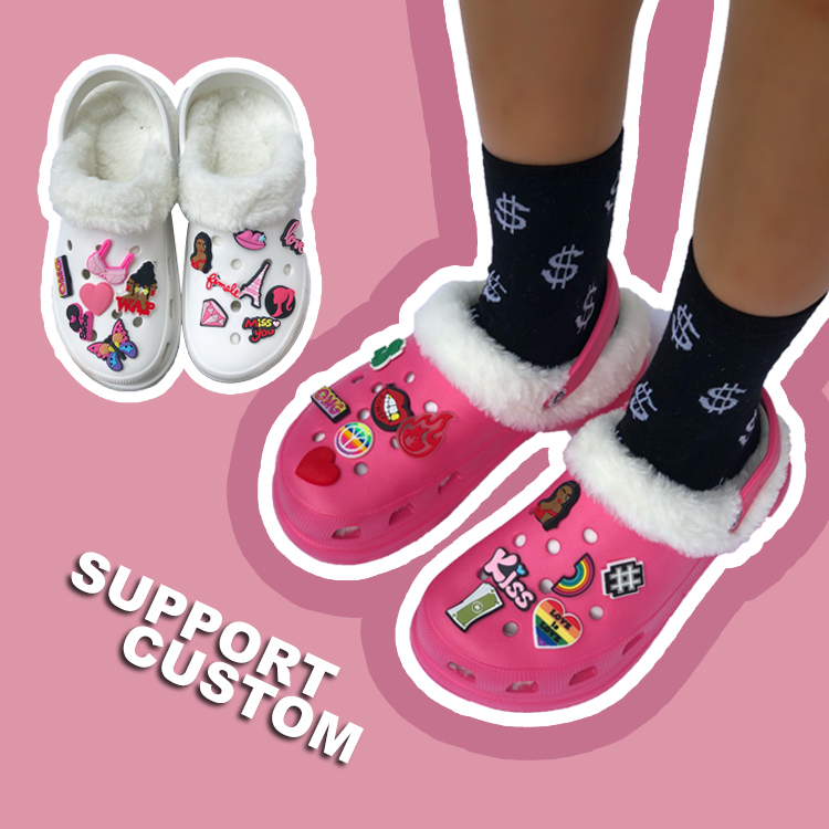 Custom Rubber Pvc Shoes Charms Wholesale Winter Warm Platform Eva Women's Fox Furry Clogs & Mules Sandals Slippers Garden Shoes