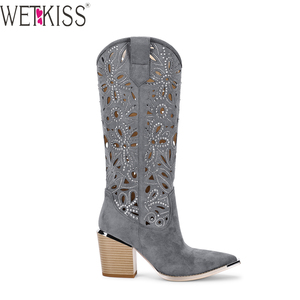 WETKISS 2024 Fashion Mental Toe Cap Cowgirl Cowboy Boots Cowgirl <span class=keywords><strong>Bottes</strong></span> <span class=keywords><strong>mi</strong></span>-<span class=keywords><strong>mollet</strong></span> <span class=keywords><strong>Bottes</strong></span> grises brodées avec diamant - Product Image 2