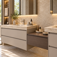 Ensemble de meuble-lavabo mural flottant minimaliste et chaleureux avec double vasque, miroir LED et tiroirs à fermeture douce