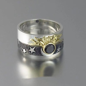 Bagues de couple vintage étoiles et <span class=keywords><strong>lune</strong></span> pour femmes, style bohème ethnique, <span class=keywords><strong>pierre</strong></span> <span class=keywords><strong>noire</strong></span> CZ, bagues pour femmes, bijoux de fête de mariage - Product Image 4