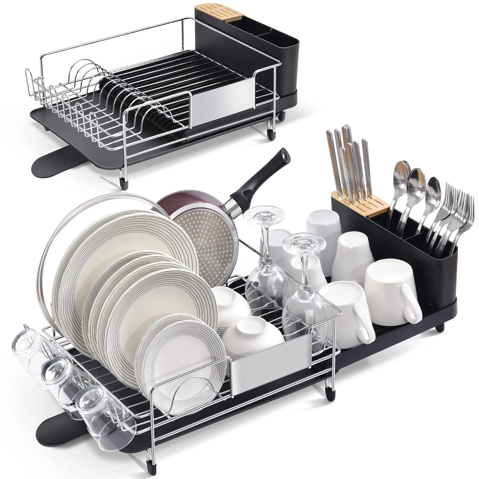 Dish Drying Rack, Expandable Dish Rack with Drainboard Set Kitchen Sink Organizer, Large Capacity Kitchen Accessories