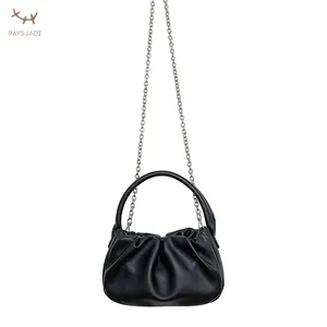 Fashion Trendy Person Summer New Design Pure Color Fold Chain Hand Bag High Quality Pu Leather Crossbody Lalies Bag