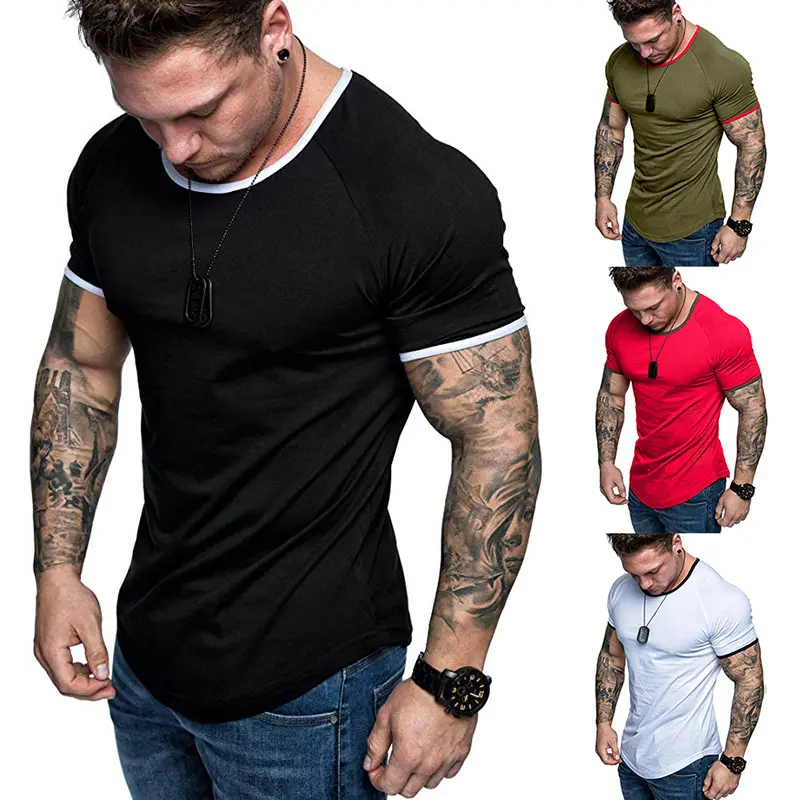 A buon mercato di Sport Da Palestra Multi-Colori Customed Logo Rotondo Solido Speciale Bindingtape Collare Casual T-Shirt da Uomo