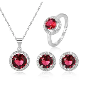 Luxury 925 Sterling Silver Jewellery Sets Aaa Crystal Rhodium Plating Round Ruby African Necklace Jewelry Sets