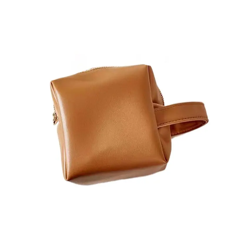 Ready Stock In stock square waterproof leather hand makeup bag portable small multifunctional mini storage bag