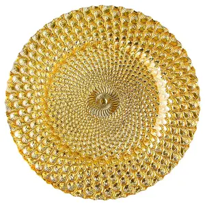 Wholesale Fruit Snack Dessert Western Food Tray Gold Snow Glass Plate Round Gold Feather Glass Charger Plates