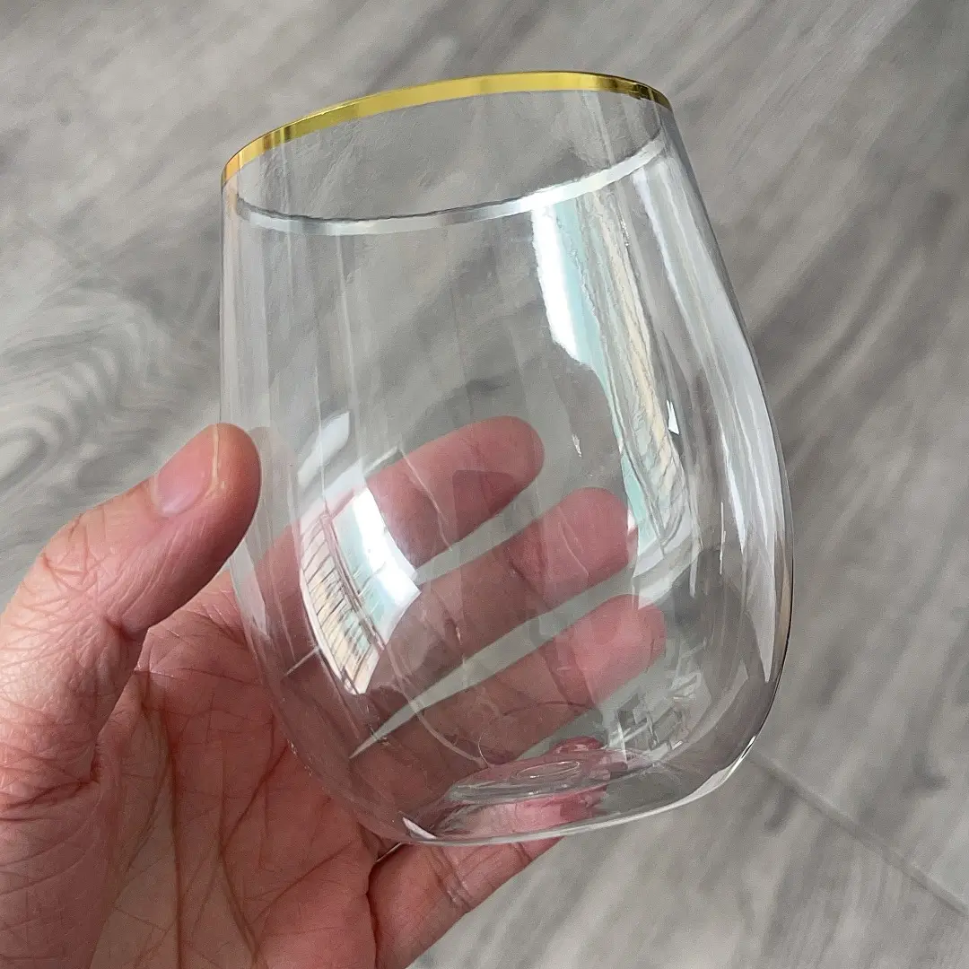 12oz Gold rim PET Plastic Unbreakable Stemless Wine Glass Champagne whisky cups