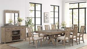 Farmhouse Style Light <b>Brown</b> Wood Dining Set-Rectangular <b>Table</b> with X-Base 8 Slat-Back Chairs Upholstered Seats Sideboard - Product Image 2