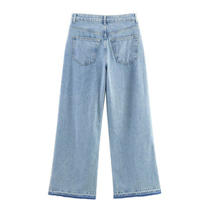 <span class=keywords><strong>Pantalones</strong></span> vaqueros de mezclilla al por mayor para mujer, estilo holgado, desgastado, lavado claro, pierna ancha, con encaje - Product Image 2
