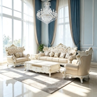 Ensemble de canapés en cuir véritable sculpté en bois massif de style rococo européen de luxe pour villa, salon, mobilier de maison, vente en gros