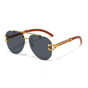 Rimless Shield <b>Sunglasses</b> <b>Gradient</b> Lenses Wood Grain Arms UV400 Protection Unisex Adult Retro Style - Product Image 4