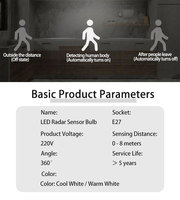 Sundy Factory Make Led Radar Sensor de movimiento Bombilla E27 9W Escaleras Luz de seguridad para sensor de cuerpo humano Bombilla de lámpara inteligente