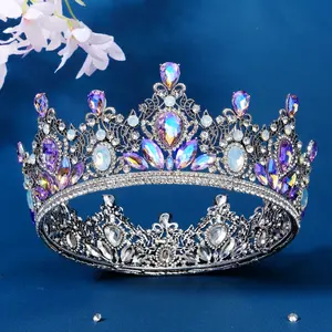 美女水钻水晶头饰复古巴洛克彩色宝石全圆形选美环球小姐选美皇冠