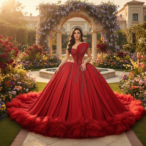 Vestido de fiesta Lentejuelas con cuentas Apliques de flores 3D Vestido de Quinceañera de tul rojo brillante Vestido de fiesta de cumpleaños Mcd09 - Product Image 1