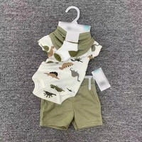 Summer Newborn Baby Boy Four-piece Cartoon Animal Dinosaure tiger Baby Onesie + Shorts + Chaussettes + Serviette baveuse