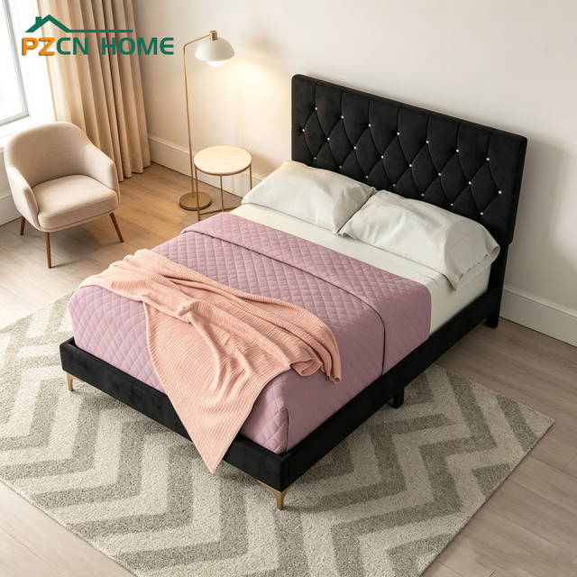 Dongguan Furniture Factory for Sale High-quality Fabric Upholstered Eco-friendly Wooden Double Bed Frame