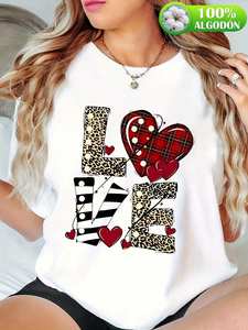 T-Shirt da Donna in Puro Cotone a Maniche Corte con Stampa a Pois e Righe, Casual per San Valentino, Girocollo, Vestibilità Regolare - Product Image 3