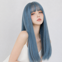 Peluca Azul con Flequillo, Peluca de Cabello Sintético para Mujer, Peluca Larga y Lisa de 24 Pulgadas con Reflejos de Color para Cosplay, Pelucas Anime Lolita