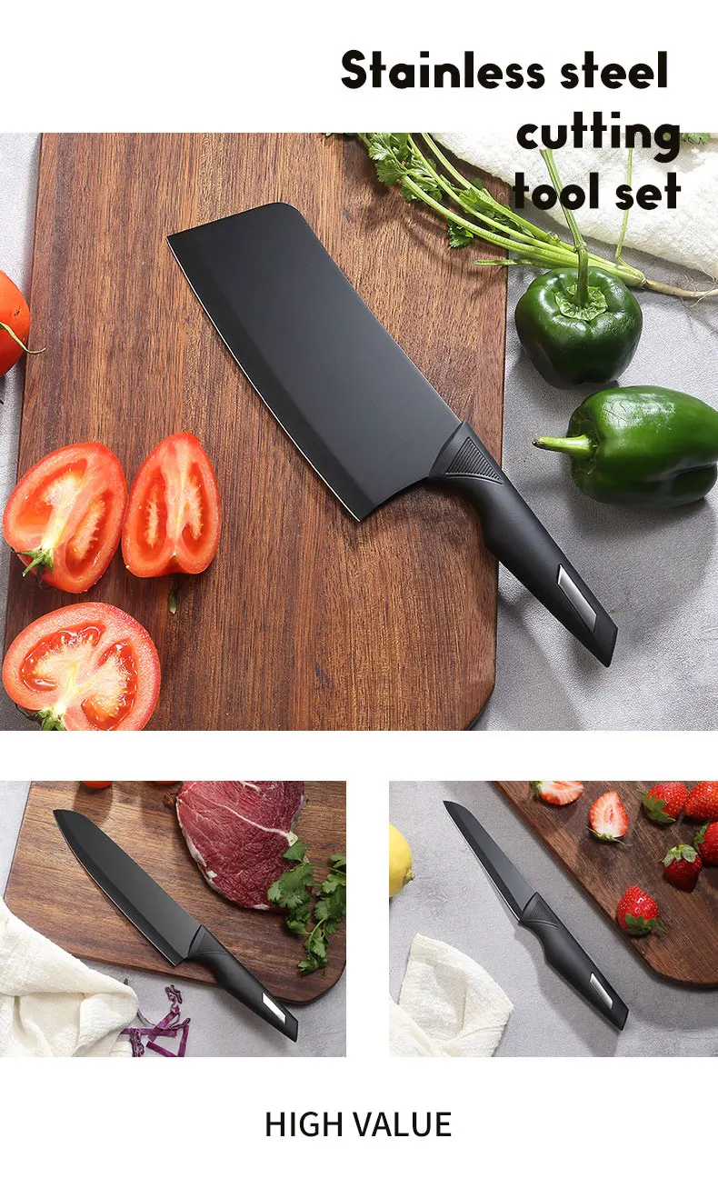 Stainless steel black kitchen knife set with gift box packaging