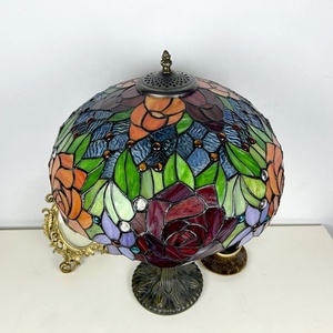 Longhuijing Tiffany Style Table Lamp 16 Inch High Stained Glass Rose Red Lampshade 2E27 Antique Reading <b>Lighting</b> Resin Base - Product Image 6