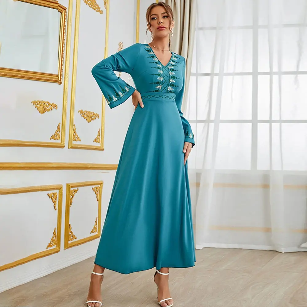 Mới Đến 2023 Trung Đông Hồi Giáo Rắn Thanh Lịch V Cổ Váy Cao Eo Phụ Nữ Maxi Dress