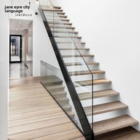 Escalier flottant personnalisé en acier et bois avec garde-corps en verre simple face pour intérieurs et lofts, villas duplex, design droit