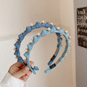 Women Jeans <strong>Headband</strong> for Sale New Arrival Girls Pearl Rhinestones Hairband <strong>Navy</strong> Denim <strong>Headband</strong> - Product Image 6