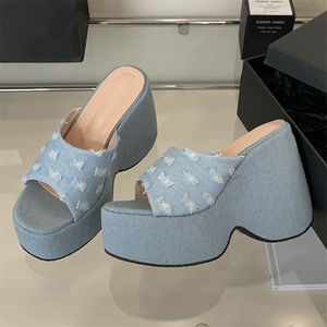 2025 Summer New Fashion Blue Denim Wedge <b>Heel</b> Open <b>Toe</b> Slippers Southeast Asian Style High <b>Heel</b> Thick Bottom Sandals - Product Image 3