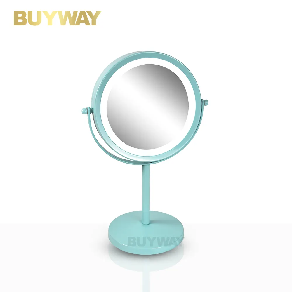 Metal 2 sides electric 1x 5x magnifying tabletop vanity round makeup mirror with led light