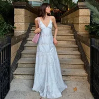 Robe longue pour femme, élégante, col en V, sans manches, style vacances d'été