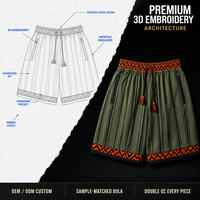 Shorts de sport respirants en maille vert olive à rayures verticales avec poches latérales zippées, style streetwear, vente en gros