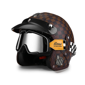 Nouveau casque de <span class=keywords><strong>moto</strong></span> rétro en cuir 3/4 ouvert, style vintage Cafe Racer, <span class=keywords><strong>masque</strong></span> détachable, coque ABS légère, toutes saisons - Product Image 2