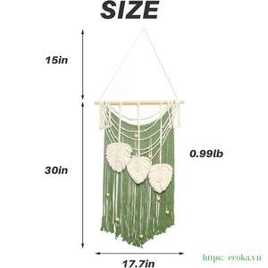 Décoration murale en macramé, art moderne fait main en forme de feuille et de plume, tissu 100% coton, franges vertes, décoration chic pour la maison, appartement, anniversaire - Product Image 2