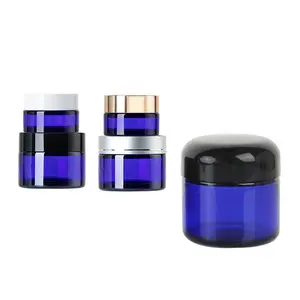 100ml bán buôn Cobalt màu xanh mỹ phẩm bao bì Kem lọ thủy tinh với nắp màu đen (gjm04)