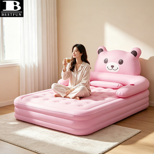 Colchón inflable tamaño Queen con diseño de oso rosa, elevado, con cabecera, para el hogar, invitados o camping. - Product Image 5