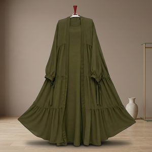 Abaya longue vert olive à manches longues, respirante, faite à la main, coupe ample, couleur unie, pour femmes adultes, usage quotidien toutes saisons - Product Image 3