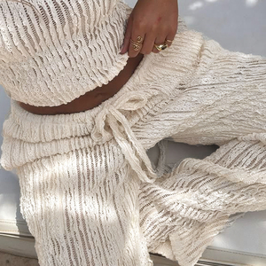 Vacation Style Textured Lace Spliced Sheer Knit Pants Lazy Casual Beach Wide Leg Long Trousers - Product Image 5