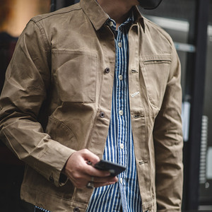 Vêtements de travail pour hommes <span class=keywords><strong>Qingtian</strong></span>, style américain, toile de coton épaisse vintage jaune-ochre, Amekachi, enduite d'huile, imperméable - Product Image 3