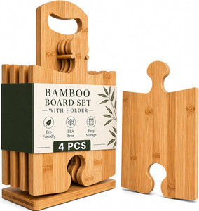 Juego de tablas de cortar de bambú entrelazadas, 4 piezas, bandeja modular individual para aperitivos con soporte para copas de vino y base - Product Image 1