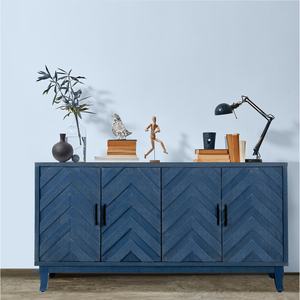 Buffet de salle à manger vintage Retroy à 4 portes, armoire de rangement bleu marine de 60 cm avec portes à panneaux en forme de M et base en bois massif - Product Image 5