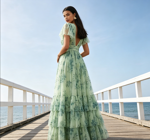 Abito da Sera per Donna con Stampa Floreale, Vestito Lungo in Tulle con Scollo a V Profondo, Maniche Corte a Sbuffo e Balze, Ideale per Ospiti di Matrimonio - Product Image 4