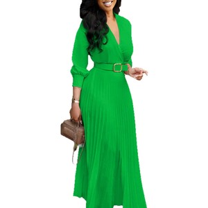 Vestido de estilo europeo y americano para mujer, cuello en V, manga tres cuartos, línea A, con cinturón, falda larga plisada, verde, azul real, tallas S, M, L, XL - Product Image 5