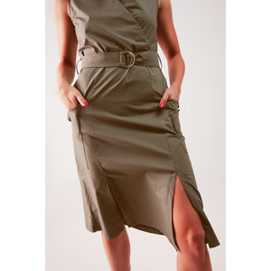 Robe portefeuille avec détail ceinture à nouer en kaki - Product Image 5