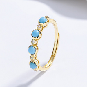 Anillo Ajustable de Plata de Ley 925 con Turquesa Redonda, Chapado en Oro, para Compromiso y Boda, Precio de Fábrica Económico para Mujer - Product Image 2