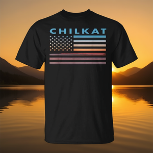 T-shirt Chilkat Vintage Sunset con bandiera americana, nera, taglia unisex per adulti - Product Image 3