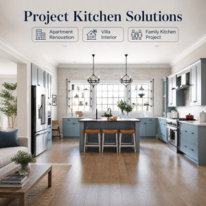Meubles de cuisine îlot modernes bleu-gris écologiques sur mesure avec panneaux surélevés, étagères ouvertes et coordination électroménager pour évier - Product Image 4